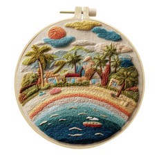 刺繡DIY風景手工藝材料包套件 創意手工針線, 夢幻海灘非成品25cm布,m仿竹繡繃 粉剪刀 拆線器 梅花穿線器, 1個