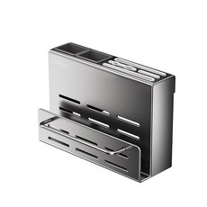 【cobbe 卡貝】201不銹鋼壁掛式刀架，雙杯帶桿，家用菜板刀具一體多功能砧板架筷子架收納架，免釘牆, 1個, FJ-21B052-G白不銹鋼刀架-灰色, 灰色