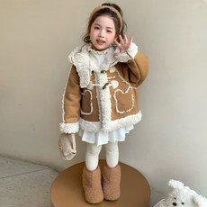 女童冬季網紅羊角扣加絨外套兒童加厚上衣25新款保暖冬裝皮毛一體