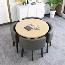 원탁 테이블 4인용 카페 A 사무실 휴게소 상담 탁자 의자 세트, AE. 워터커브 원형 테이블 다크그레이 가죽 의자 80