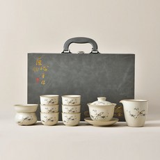 DIU 黃汝汝窯茶具套裝套組整套功夫茶壺茶杯禮盒裝高檔商務禮品伴手禮, 1個, 黃汝-蓋碗-富竹套裝-10件套:杏色
