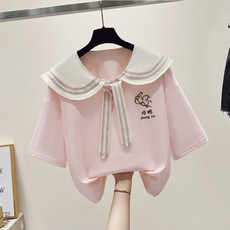 여성용 티셔츠 한국 스타일 패션 반소매 중학생 여름옷 해군풍 13세 14세 소녀 16세 학생 반소매 상의