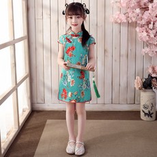 中國風女童棉麻印花旗袍