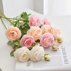 仿真花牡丹花玫瑰花束家居客廳落地裝飾干花假花絹花擺件仿真花永生花人造花乾燥花永不凋零拍照道具假花裝飾居家裝飾, ♀白色1香檳2粉色2支【15朵花】, 1個