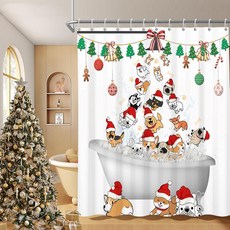 크리스마스 귀여운 비가 오는 강아지 샤워 커튼 182.9cm x 길이 재미있는 산타 모자 개 만화 동물 애완 발바닥 패턴 패브릭 어린이 세트 욕실 장식용 후크 포함 방수, 고급 커튼 모던 스타일 공간 분리 홀리데이 리미티드 감, H