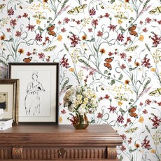 [ 936940 ] VaryPaper 차이노이저리 수채화 꽃무늬 나비 벽지 아트 데코 필 앤 스틱 침실 욕실용 44.9 x 198.7cm(17.7 78.7인치) 자체 접착 탈착, [ 936940 ] VaryPaper 차이노이저리 수채