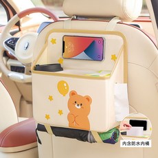 可愛造型車載椅背收納袋 汽車實用用品 自帶透明觸控口袋 多功能車座椅後背置物袋 車座前後排置物袋, 1個, 氣球小熊【收納+抽紙】（送防水內桶）