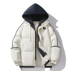 情侶款假兩件連帽棉衣，男女同款加厚保暖棉外套，寬鬆學生潮流短版棉服