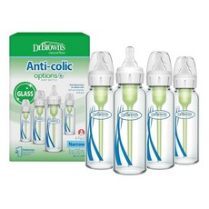 미국출고 평점4.5+ 239172 닥터 옵션스 플러스 내로우넥 유리 젖병 120ml & 1단계 젖꼭지 각 4개입, Clear Glass