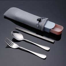 環保餐具組三件套含收納盒：湯匙、筷子、叉子，露營野餐便攜餐具, 藍色, 1個, 湯匙、筷子、叉子