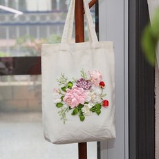 刺繡手工DIY材料包 指間魯繡帆布包 緞帶繡DIY材質包 單肩手提立體繡花包, 小帆布包（米色）小清新2（材質包）, 1個
