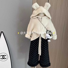 小不點兒 女童冬裝 套裝 白色水貂絨連帽外套 圓點加絨褲 90-140cm