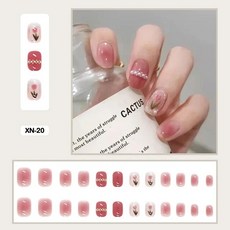 여름 요정 꽃 패턴 네일 아트 인조 손톱 접착 핑크 보라색 짧은 웨어러블 착용 도구 포함 24개, XN-20, 1개