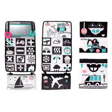 嬰幼兒布書A6M 可立式牙膠 哈哈鏡台曆布書 寶寶視力訓練 檯曆 摺疊布書 早教啟蒙 布書玩具, 視覺.黑白色（0~3M）帶牙膠