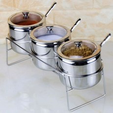 업소용 스테인리스 테이블 조미료통 소금 국밥집 다대기 양념통 3피스 세트 랙스푼포함, 싱글 용기 스푼포함