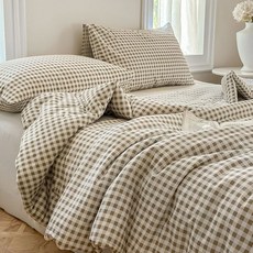 NSNLGSGC 깅엄 빈티지 침구 격자 이불 침구 워싱 세트 100 타우페 체크 농가, Tan Gingham, Twin/Twin XL