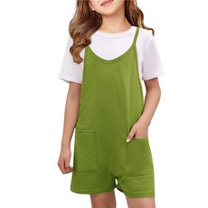Tongmingyun 여아용 여름 민소매 캐주얼 롬퍼 스파게티 스트랩 반바지 점프수트 포켓 포함 아미 그린.