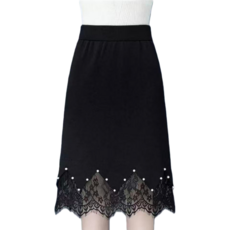 Makone 여성 가을 겨울 블랙 레이스 패치 진주 장식 오피스 패션 밴딩 스커트