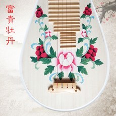 語彈 成人白琵琶青花瓷彩繪，初學練習演奏民族彈撥樂器，女子樂坊專業琵琶, 富貴牡丹1-2, 1個