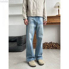 美式複古閃電裂紋水洗直筒微喇叭磨破洞百搭彎刀cleanfit牛仔褲男, 淺藍色,s