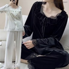 이너퀸 프리수 여성용 레이스 벨로아 벨벳 겉 기모 프릴 셔링 러플 리본 버튼 단추 오픈형 긴팔 긴바지 상하의 잠옷 홈웨어 파자마 세트 벨로아레이스세트