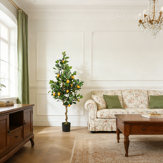 SAIVEINA 홈 데코용 인조 조화분 레몬 트리 실내외 사무실 거실 작업실 카폐 인테리어 장식품 레몬 나무 조화분 집들이 선물 + 블랙 기본 화분, 1개, 120cm 그린