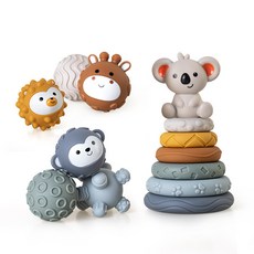 臺灣出貨 嬰幼兒手抓球玩具 軟膠方塊積木疊疊圈 捏捏手感球 堆疊玩具, 考拉疊疊樂手感球套裝（13PCS)盒裝, 1個