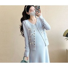 임부 롱 원피스 세트 봄 가을 임산부 우아한 니트 롱 원피스 + 긴팔 가디건 세트 YXF