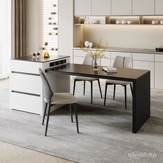 島臺可伸縮餐桌一體現代簡約巖闆飯桌廚房中島臺圓弧形家用小戶型, 總長2.56米（隱形電磁爐款）,島台餐桌