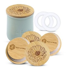 라 페르미에르 요거트 병 뚜껑 대나무 12팩 - 생명의 나무 디자인 세라믹 병용 칠판 라벨이 있는 유리 냄비 커버 및 추가 밀봉, 1 4 Bamboo Lids - Aster Flower