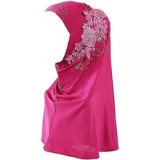 ECLATIS 여성 플로럴 무슬림 시폰 히잡 인스턴트 헤드 랩 롱 스카프 풀 커버 데이트룩 원피스 레이스 플라워 히잡 레드 원 사이즈 282736