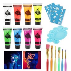 UV 블랙라이트 네온 페이스 바디 페인트 MEICOLY 8 튜브 반응성 수성 기반 세탁 가능 무독성 파티 용품 할로윈용 02 184328, UV 페이스 페인트 키트 02