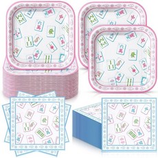 Zhehao 부활절 접시 및 냅킨 72개 세트 36개 17.8cm(7인치) 정사각형 토끼 생일 파티 용품 일회용 디너 디저트 식기 장식, 마작