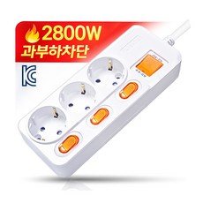 개별스위치 멀티탭 KC인증 접지 과부하차단 2800W 절전 콘센트 3구 멀티탭, 화이트(빨간스위치), 1개, 3m