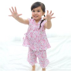 Augelute 滿版粉嫩花朵日式浴衣套裝 女童短袖套裝 女寶寶小飛袖夏季套裝