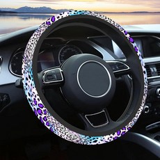여성용 남성용 자동차 스티어링 휠 커버 미끄럼 방지 통기성 귀여운 스티어링 휠 옐로우 데이지 스티어링 휠 프로텍터 자동차 액세서리 범용 35.6cm(14인치) 02/2-, 퍼플 레오파드