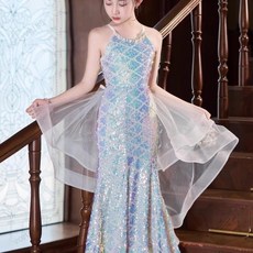 台灣出貨 發票【萬聖節】女孩美人魚裙子亮片女童晚禮服小主持人魚尾裙生日裙高級兒童模特走秀表演服 萬聖節服飾 連衣裙 萬聖