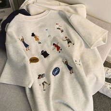 여성용 카툰 그레이 자수 반소매 티셔츠 2023년 순면 루즈핏 반소매