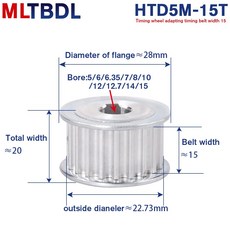 HTD 5M 15T 풀리 톱니 동기식 TH 14 15MM 16MM 피치 너비 5MM 벨트 12 10, For Belt width 20mm, 1개