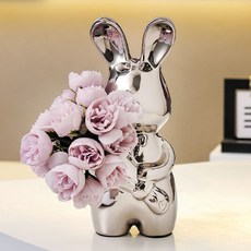 티쯔 토끼 꽃다발 크롬 화병 꽃조화 포함 꽃병 화이트 홀로그램, 크롬실버