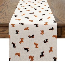 Kawaii 닥스훈트 테이블 러너 사랑스러운 만화 브라운 블랙 강아지 장식 테이블 러너 주방 다이닝 룸용 귀엽고 재미있는 동물 강아지 드레서 러너 홈 파티 장식용 182.9 x