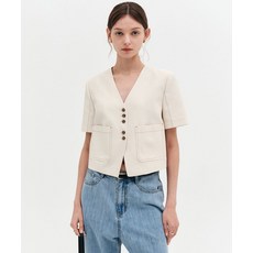 룩캐스트 LOOKAST 코린 린넨 카라리스 크롭 자켓 라이트 베이지 / CORINNE LINEN COLLARLESS CROP JACKET LIGHT BEIGE
