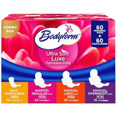 아마존평점4.5+ 미국출고 169671 Bodym Luxe 페미닌 케어 밸류 콤보 팩 120개 (울트라 소프트 패드 60개 + 부드러운 팬티 라이너 60개) 버라이어티 쿠션