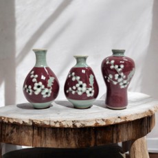 [예조] 카페 인테리어 레드 매화 미니 도자기 화병 3종세트 한국기념품 집들이 개업 외국인선물, 빨강