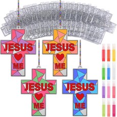 Blueweenly 발렌타인 데이 기독교 공예 십자수 공예 키트 종교 십자가 선캐처 장식품 벌크 칠하기 위한 72개 가톨릭 학교 주간 주일 학교 DIY 창문 부활절 (발렌타인, Jesus Love Me, 36