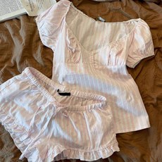 女生芭蕾風雲朵棉夏季短袖短褲泡泡袖家居服套裝 粉白條紋