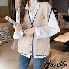 HanVo 針織小熊背心 韓系寬鬆無袖針織衫