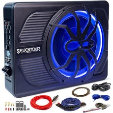10인치 업그레이드 800W 슬림 언더시트 전동차 서브우퍼 증폭기 앰프 콤보 패키지에 내장된 카트럭 오디오 서브 블루 LED 조명서브우퍼+설치 와이어 키트, Blue LED