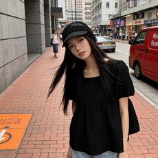 COSYEVNO 여성 블라우스 여름 빅사이즈 패션 사각 넥 셔링 루즈핏 반팔 상의