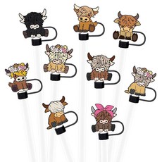 Whaline 9피스 아크릴 빨대 커버 하이랜드 소 재사용 가능한 빨대 토퍼 캡 귀여운 패턴 빨대 팁 커버 0.7cm(0.3인치) 76.2ml(30온스) 및 1.2L(40온스), Whaline 9피스 아크릴 빨대 커버 하이랜드 소 재